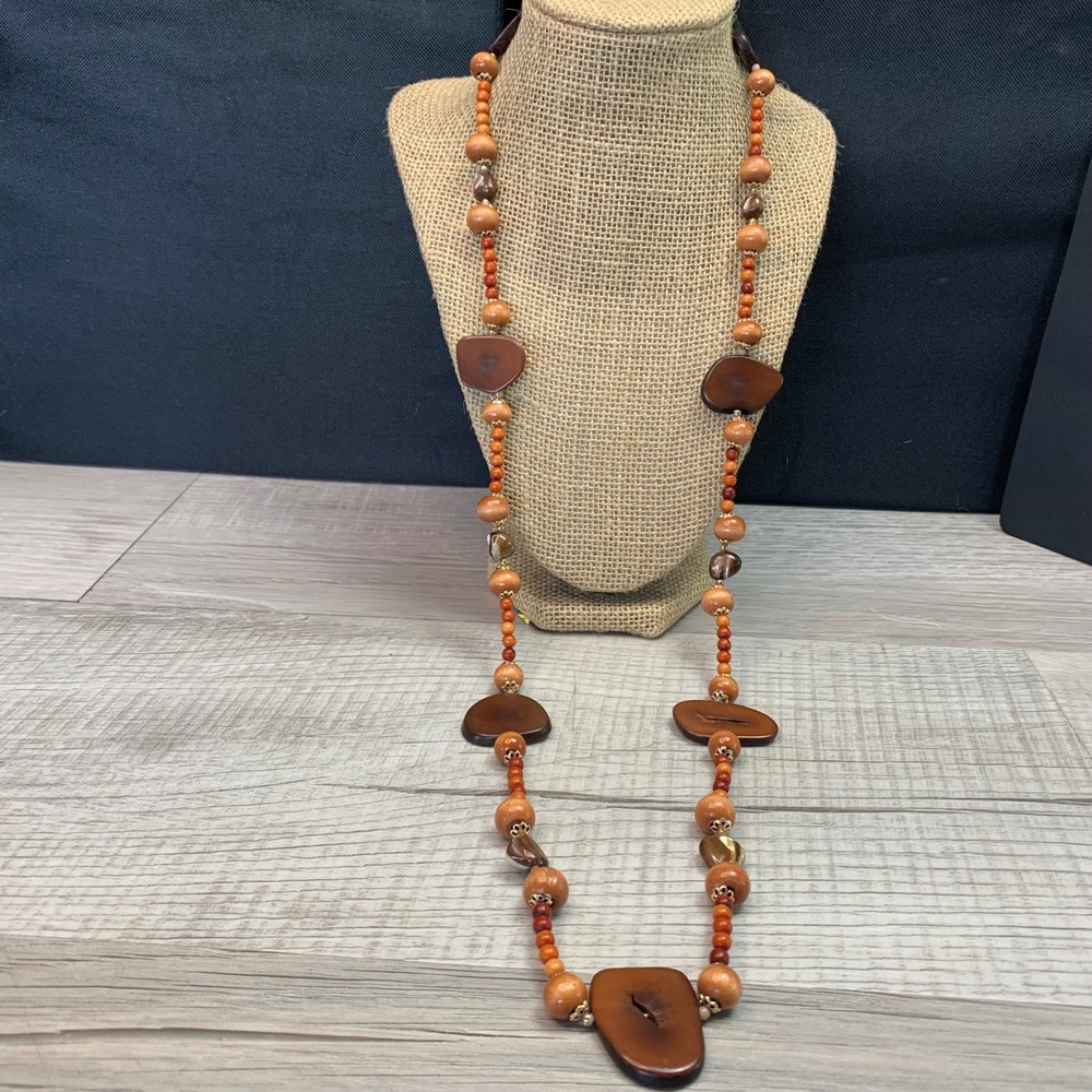Boho Natural Wood and Shell Beaded Long Statement Necklace Brown Terracotta 5448